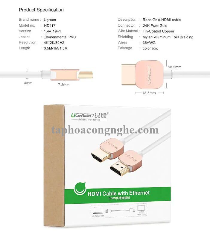 Ugreen 10473 0.5M Hdmi Cable Ultra Slim Version 2.0 19 + 1 HD117 30010473